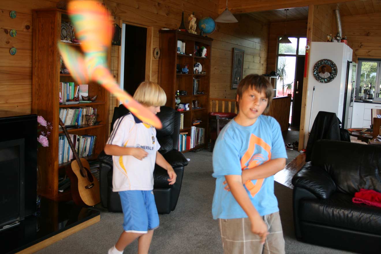 Indoor Superang - Foam Boomerang James and Sam throwing